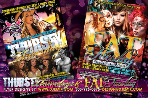 Thursty (Thirsty) Thursdays Ladies Night and Fat Tuesday Flyer Design Colorado Springs
