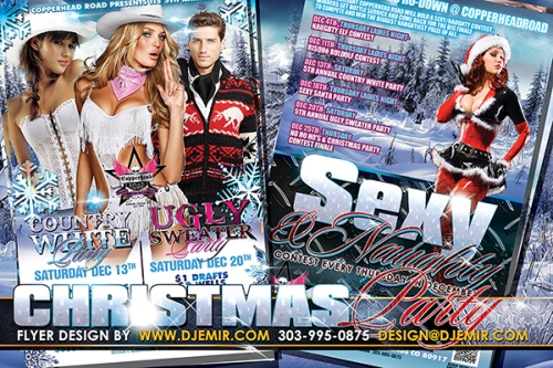 Country White Christmas Ugly Sweater and Sexy Santa Party Flyer designs Revision 2